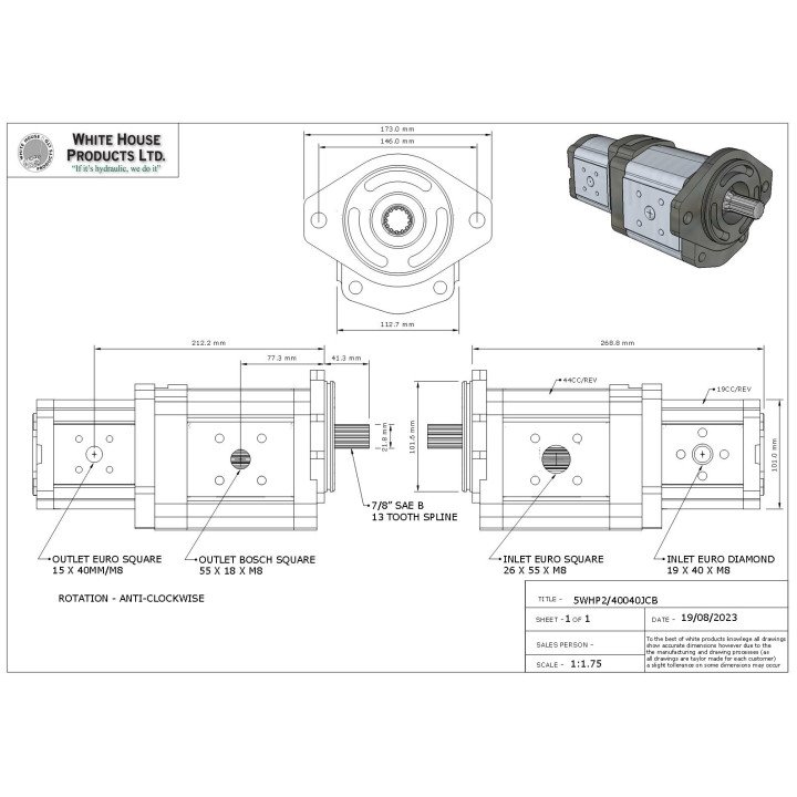 44 + 19 CC/REV PIGGY BACK HYDRAULIC